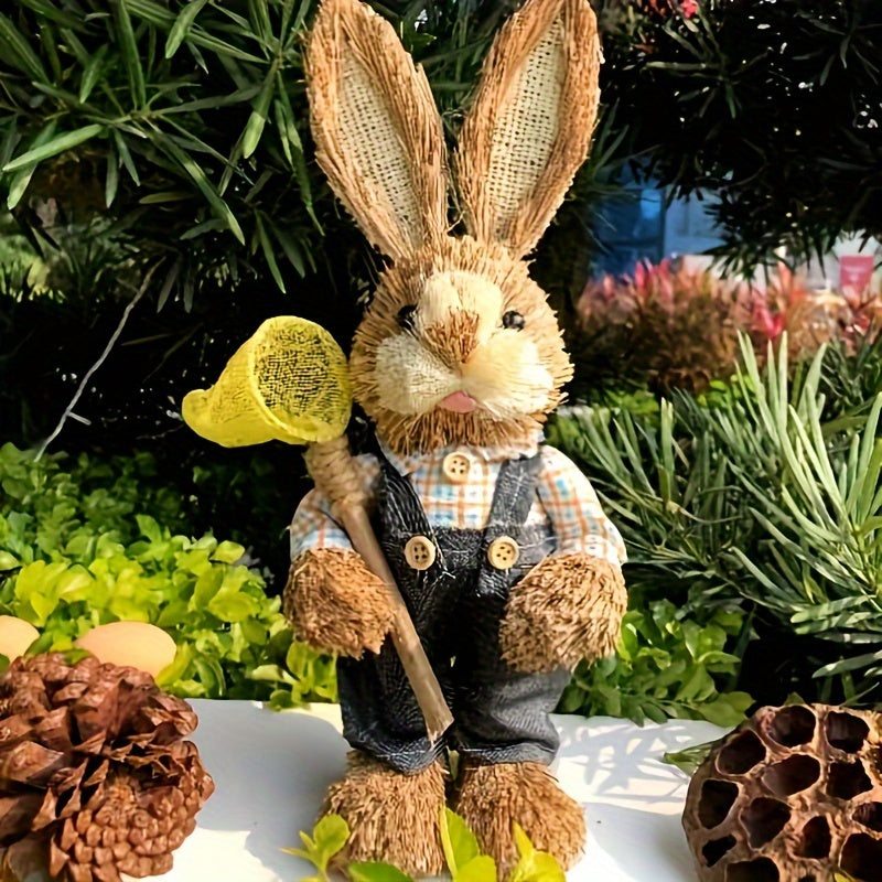 Handcrafted Fabric and Faux Leather Bunny Dolls, 13.78inch Rustic Countryside Rabbit Figures, Set of Collectible Comic Themed Bunnies for Home Decor, Charming Garden Party Ornaments, Ideal for Easter, St. Patrick's Day, Day o