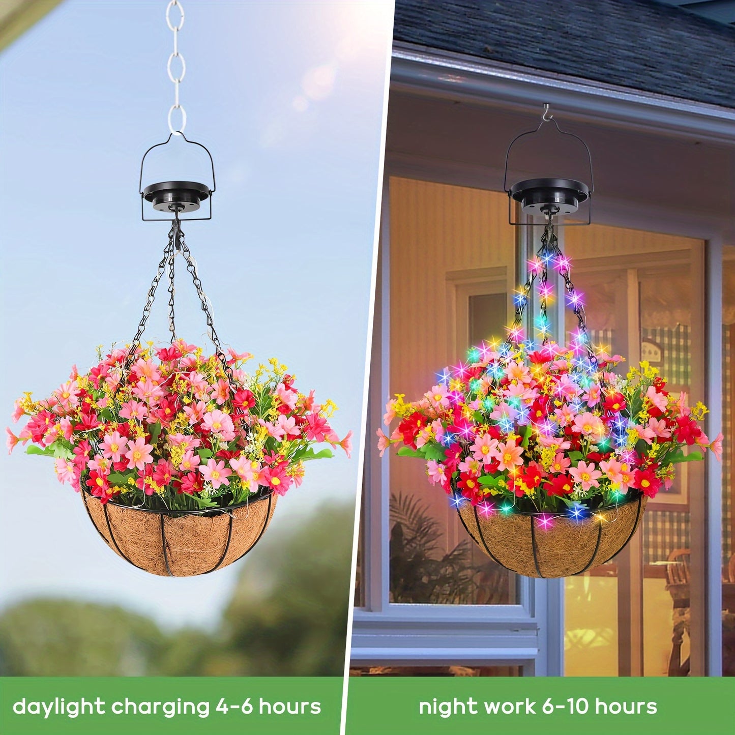 25.4cm Coconut Lining Solar Flower Basket Light - USB Lamp with Solar Copper Wire, Simulation Hanging Plant, LED DIY, Multi-Color Artificial Flower Basket