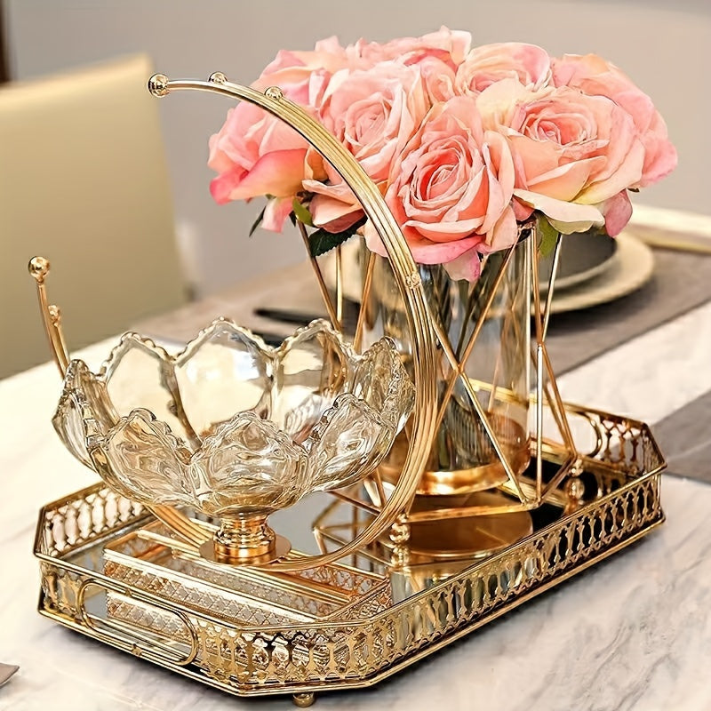 1pc Exquisite Metal Flower Shaped Glass Plate - Luxury European Style Tray for Home Living Room Decoration - Moon Fruit Plate Fashion Design Ornament, Perfect Christmas Valentines Day New Year Gift