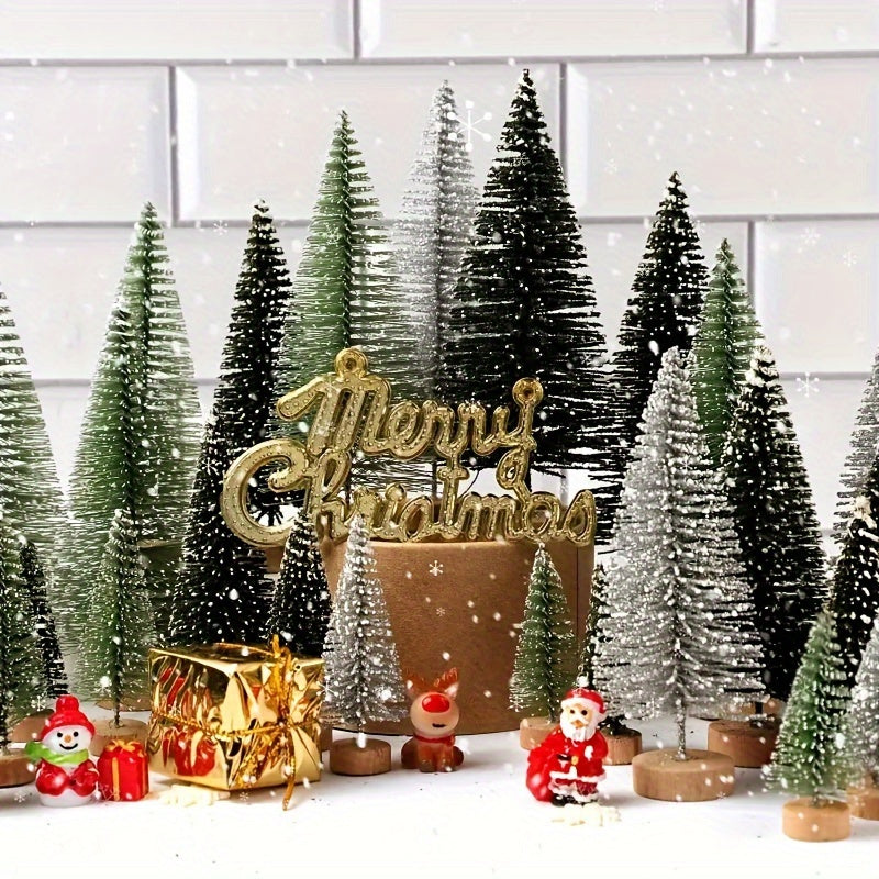 15 Pieces Mini Bendable Artificial Christmas Trees With Wooden Base - Non-Lighted Bottle Brush Tabletop Decorations For Holidays