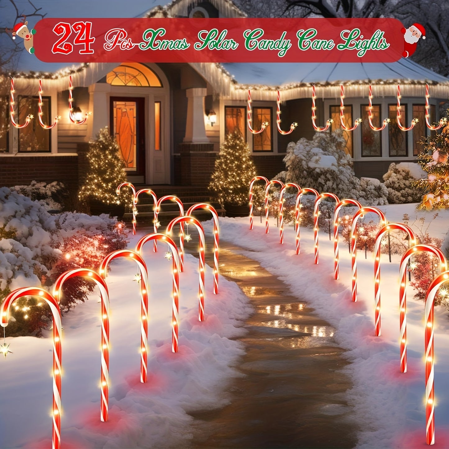 24Pack Solar-Powered Candy Cane Lights - Outdoor Christmas Decorations for Garden/Lawn/Tree/Pathway/Patio - 10 Modes, Waterproof, Energy-Efficient, and Easy to Install