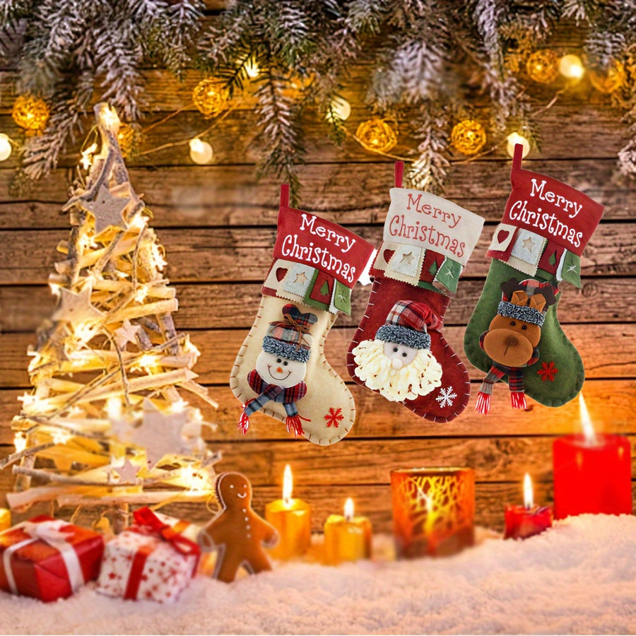 [Fast Arrival] 3-Piece Set of 18.5" Large Christmas Stockings with Classic Santa, Snowman, and Reindeer Designs for Family Holiday Decorations