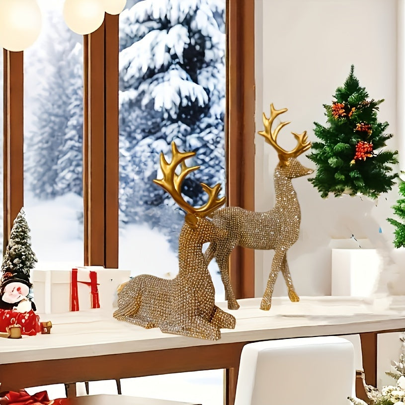 2pcs Reindeer Statue Set - Versatile Indoor/Outdoor Christmas & New Year Decor, Resin Reindeer Figurines for Home & Office Desk Display, Perfect Holiday Gift Idea, Christmas Decor