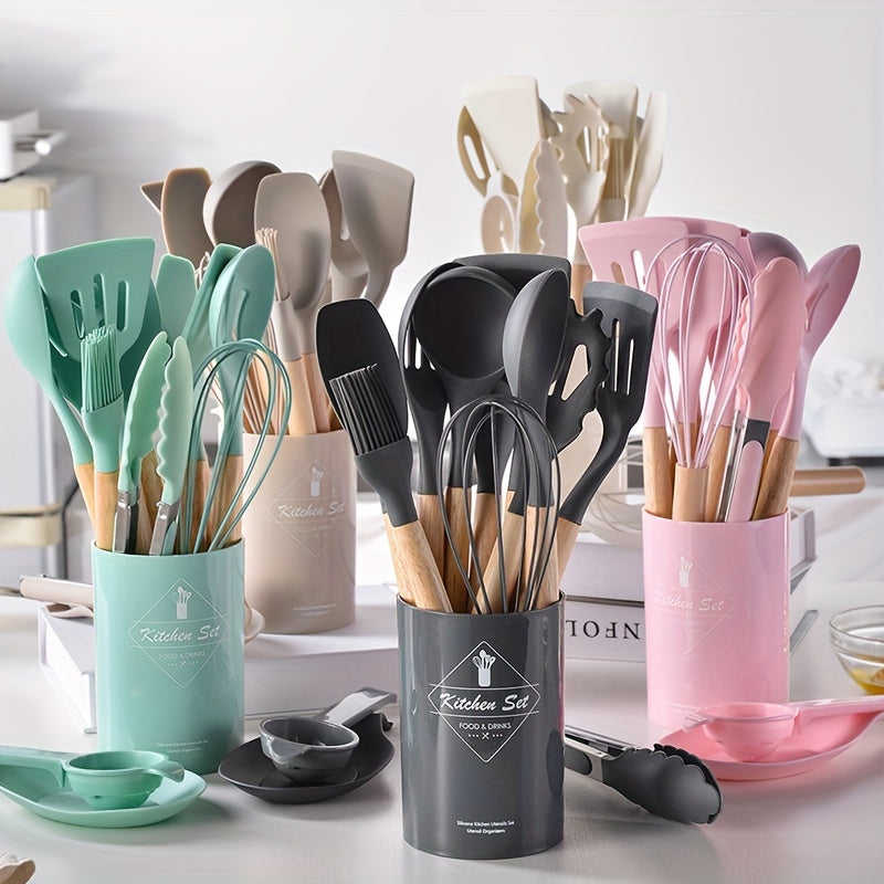 12/14pcs/set Premium Wooden Handle Silicone Kitchenware Set - Heat-Resistant, Non-Stick, Easy-to-Clean Cooking Tools for Baking, Cooking, and Serving - Durable, Versatile, and Space-Saving Kitchen Essentials