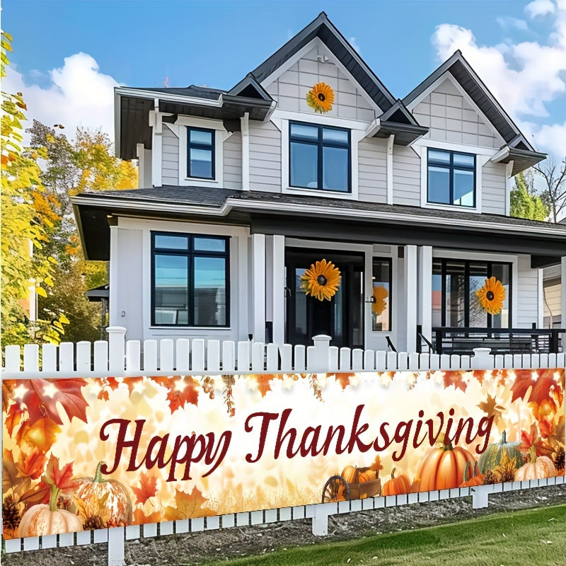 Happy Thanksgiving Banner - 118"x18" Vibrant Pumpkin Harvest Scene, Durable Polyester Outdoor & Indoor Decor for Home, Party, Photo Booth - Includes Free Installation Kit & String Lights