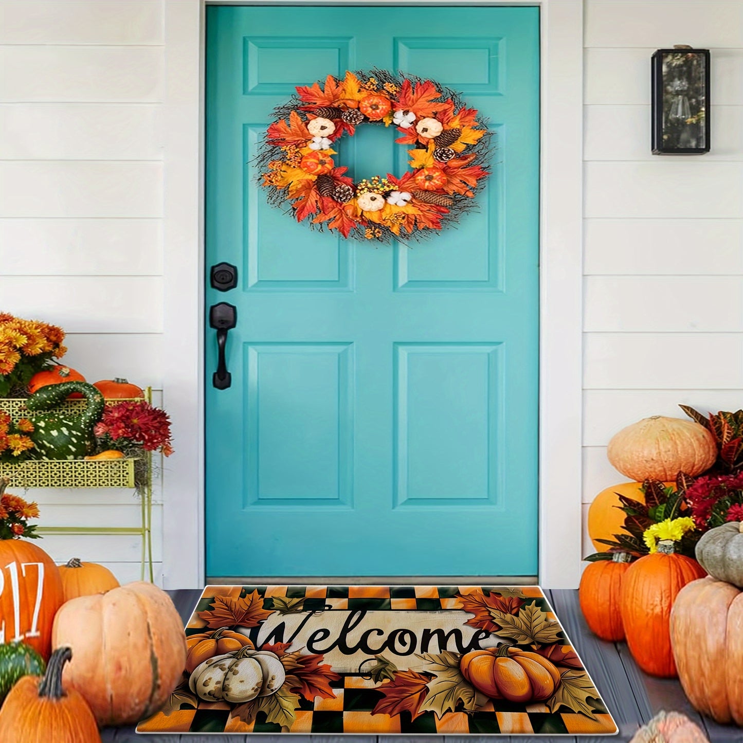 Charming Farmhouse-Style Pumpkin & Maple Leaf Design Rug - Non-Slip, Easy to Clean, Lightweight, Polyester, Shape, Machine Made, Hand Care Only for Living Spaces, Cooking Areas, Workspaces, and Doorways Decor