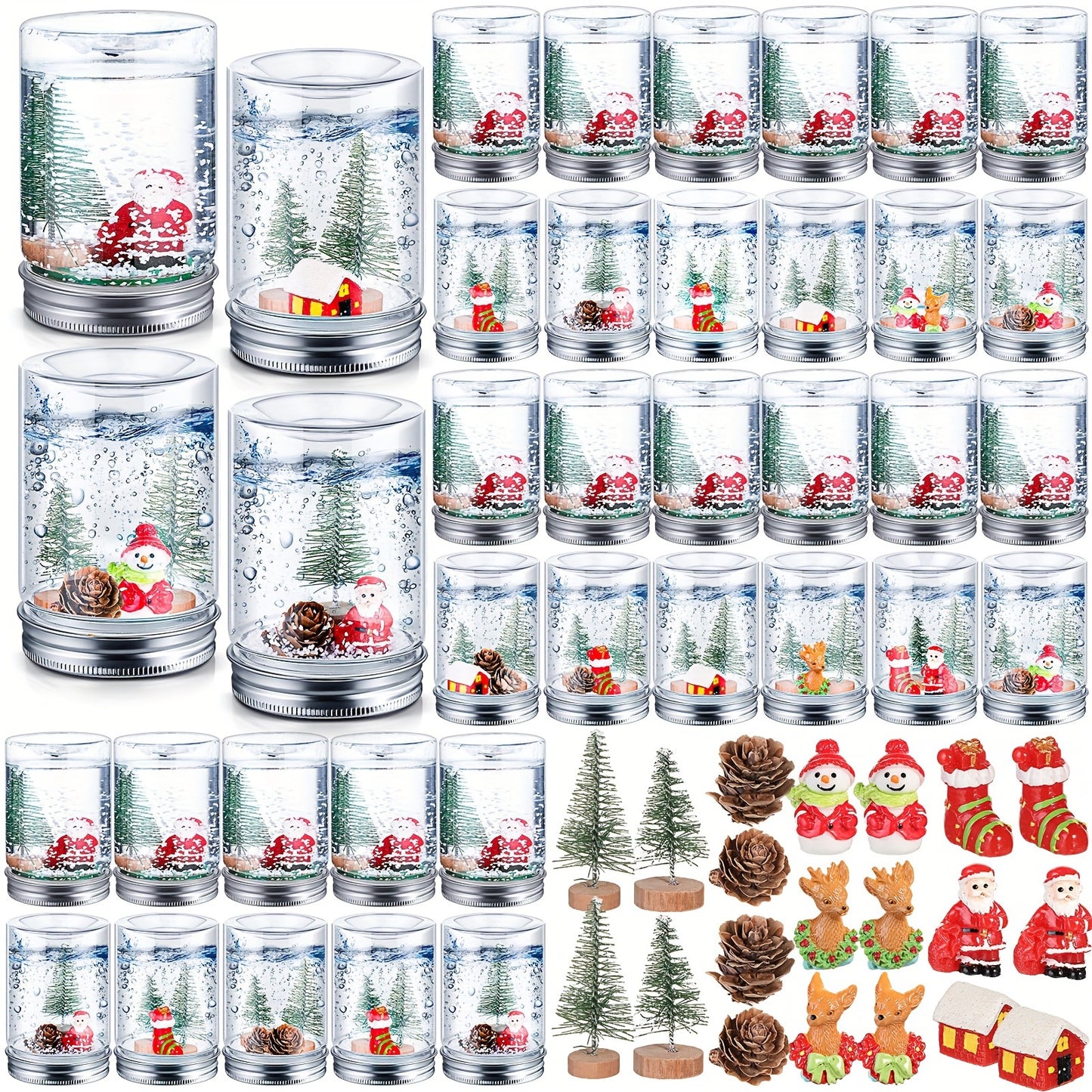 48 Sets Christmas Plastic Snow Globes Kit Includes 48 Clear Snow Globe, 96 Mini Xmas Trees, 48 Miniature Snowman, 96 Mini Pine Cones With Artificial Snow For DIY Crafts Home Winter Decor