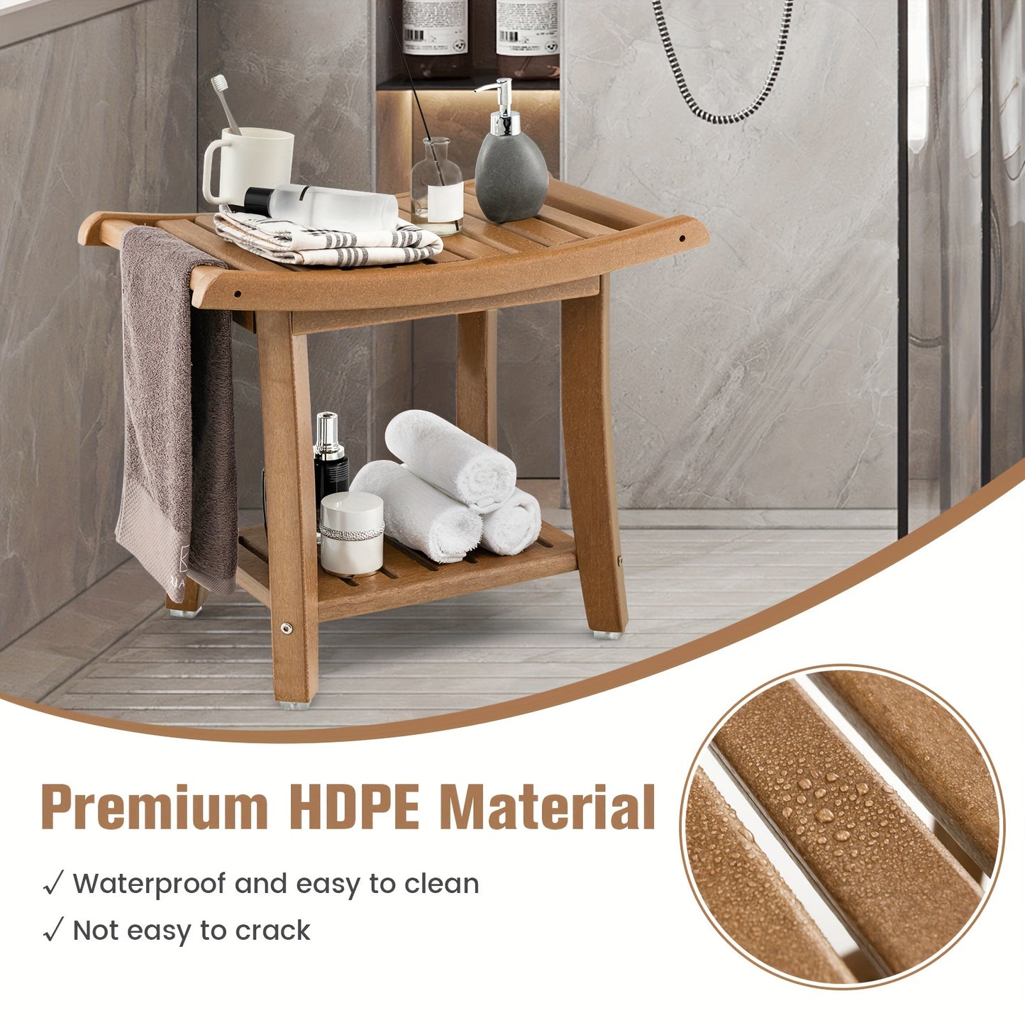 2-Tier Heavy Duty Waterproof Shower Bench with Storage Shelf Brown Spa Bath Stool