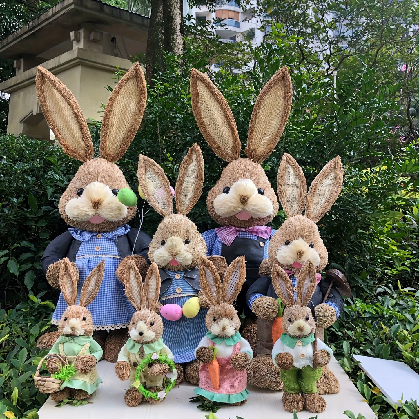 Handcrafted Fabric and Faux Leather Bunny Dolls, 13.78inch Rustic Countryside Rabbit Figures, Set of Collectible Comic Themed Bunnies for Home Decor, Charming Garden Party Ornaments, Ideal for Easter, St. Patrick's Day, Day o