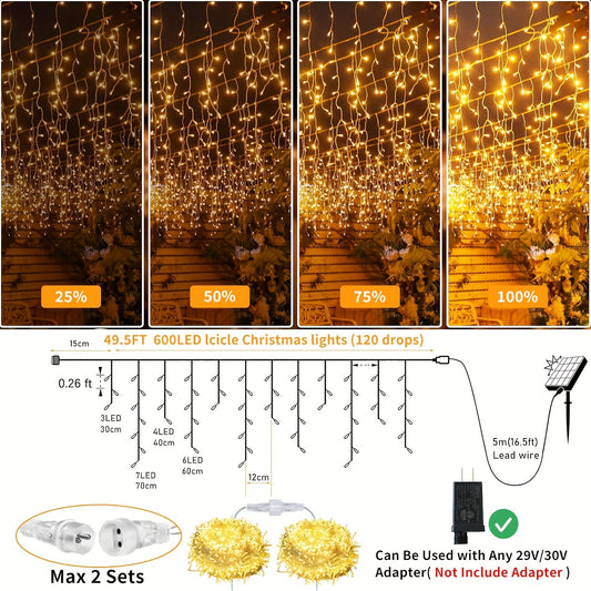 [Fast Arrival] 76 Ft 600 LED Connectable Solar Icicle Lights - Outdoor USB Rechargeable String Lights with 8 Modes, Timer, Remote, Twinkle Effect for Xmas, House, Roof, Eaves, Party, Wedding