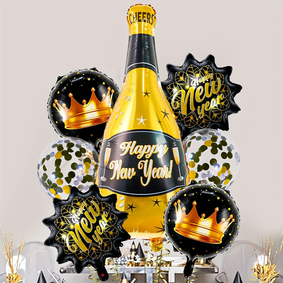 7-Piece New Year's Champagne Bottle Balloon Set with 18" Black Crown Star and 'Happy New Year' Text, Perfect for Festive Celebrations