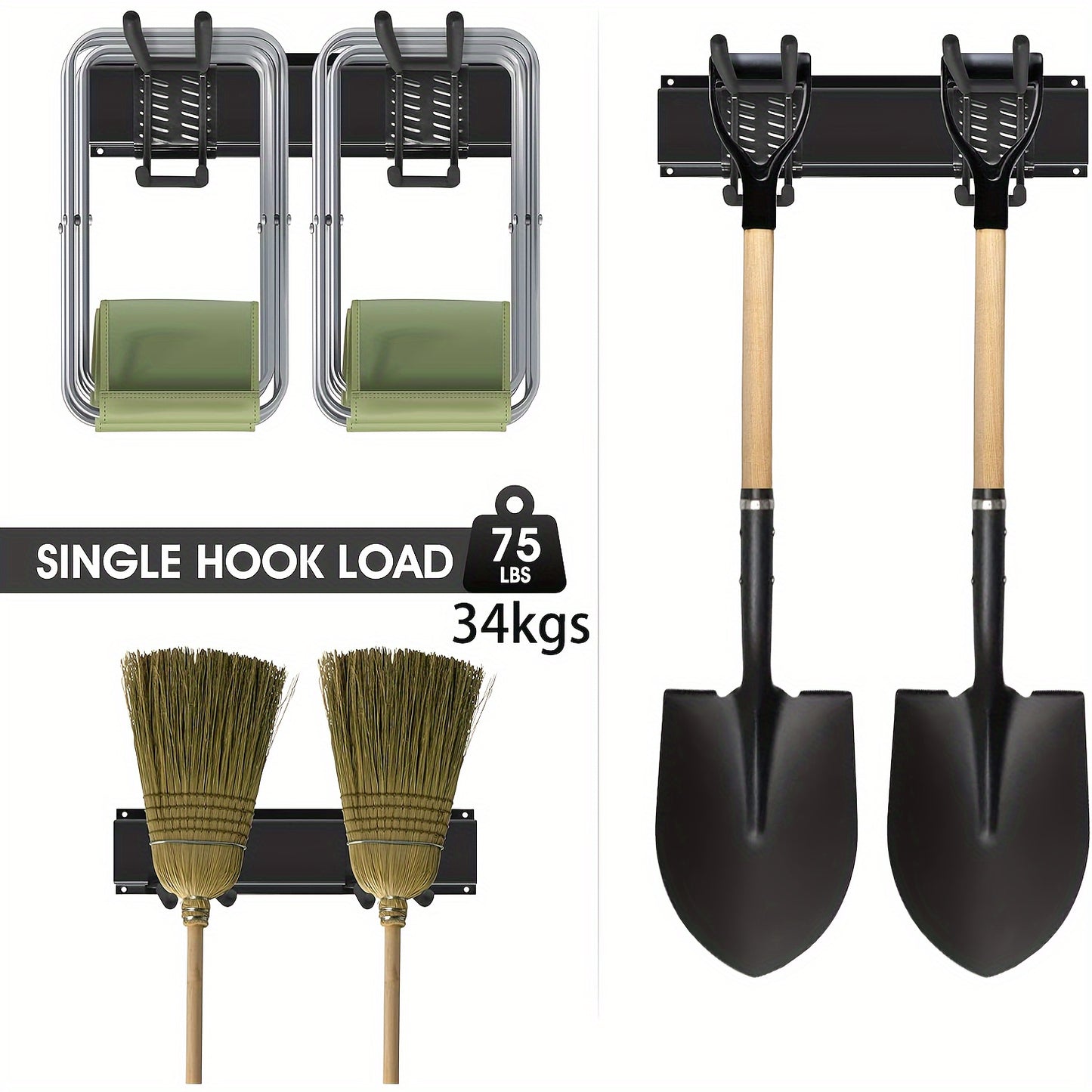 Garage Tool Storage Racks - Wall Mount Lawn Organization - Yard Tools Hanger - Organizer Holder with Adjustable Heavy Duty Hooks for Garden Tools, Black Garage Storage