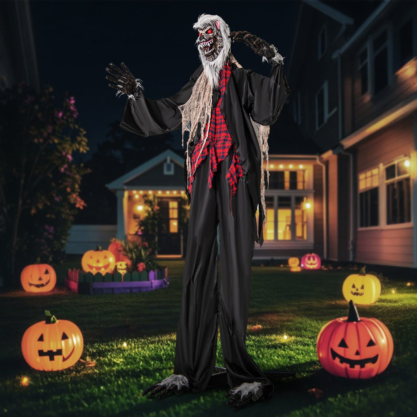 LIFEZEAL 8.2 FT Standing Animatronic Werewolf, Scary Halloween Prop with Howling Sounds, Red Flashing Eyes & Poseable Arms, Towering Werewolf Decoration for Porch, Yard & Garden, Sound Activated