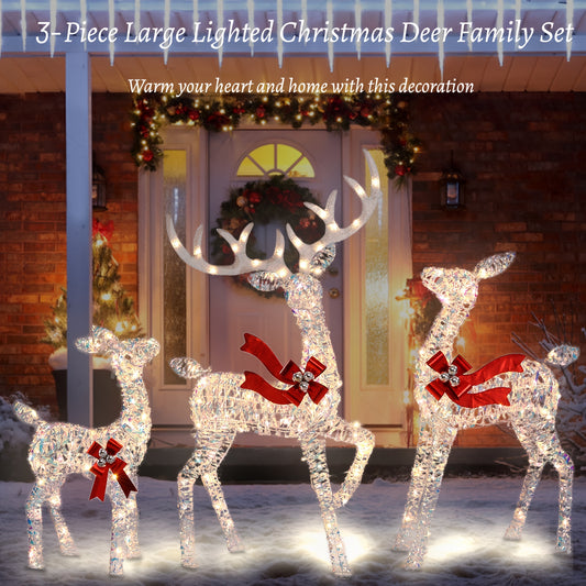 225 Warm White LED Lights 3-Piece Large Lighted Christmas Deer Family Set, Suitable for Patio Lawn Garden Party, with Ground Pegs and Cable Ties, Colorful Christmas Indoor and Outdoor Decoration