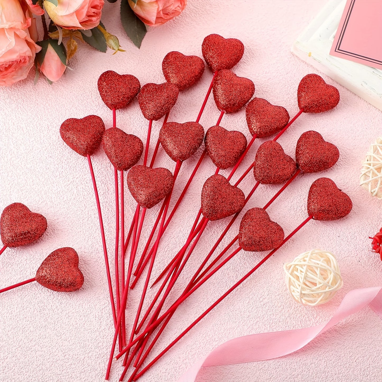 24pcs Sparkly Glitter Foam Heart Picks - Red and Pink Puffy Heart Toppers with Wooden Stems for Valentines Day Wedding Decorations and Flower Arrangements - Easy to Use and Reusable Decorative Accents