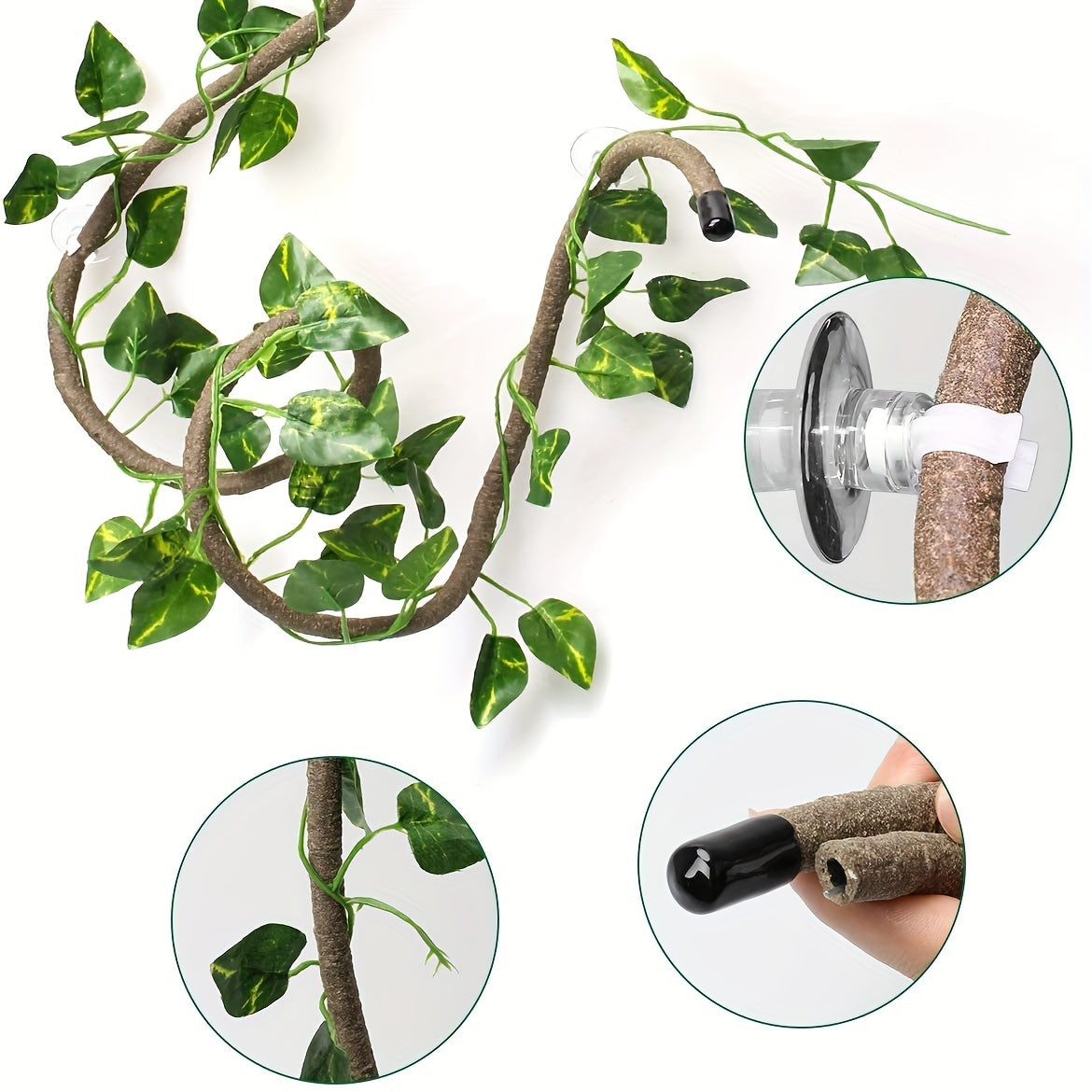 Reptile Jungle Climber Set - Flexible Rattan Vines and Leaves with Suction Cups for Habitat Decor - All-Season Durable Material - Ideal for Chameleon, Lizards, Gecko Climbing