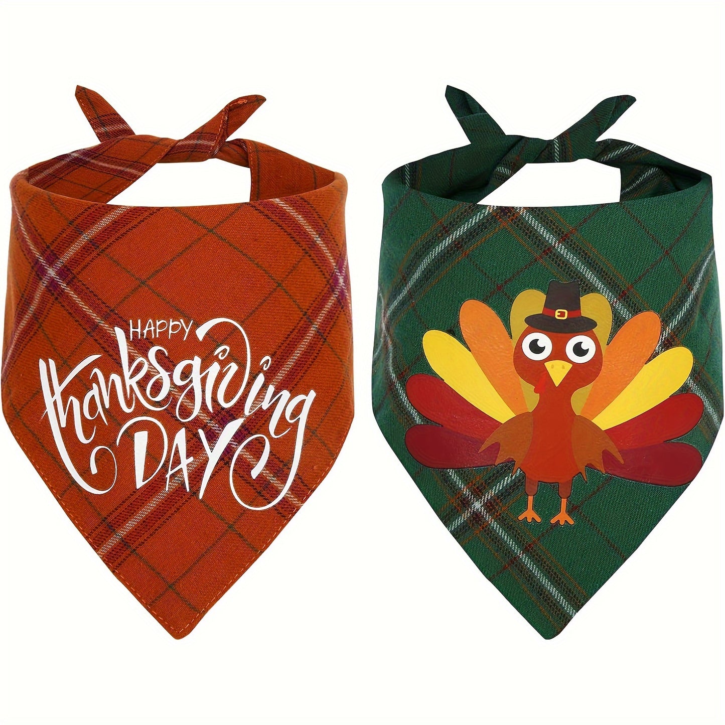 Festive Pet Bandanas: 2-Pack of Soft and Durable Dog Scarves - One in Orange Plaid with 'Happy Thanksgiving' and One in Green Plaid with a Cute Turkey Design. Perfect for Your Pet's Fall and Winter Outings. Suitable for Mediu