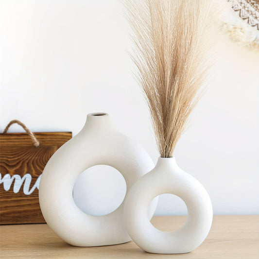 2pcs Ceramic Vase, White Round Hollow Pampas Grass Vase, Christmas Decoration, Boho Minimalist Flower Vases For Wedding Centerpieces Coffee Table Living Room Bedroom Fireplace Mantle Home Decor Banquet Party Festival Wedding