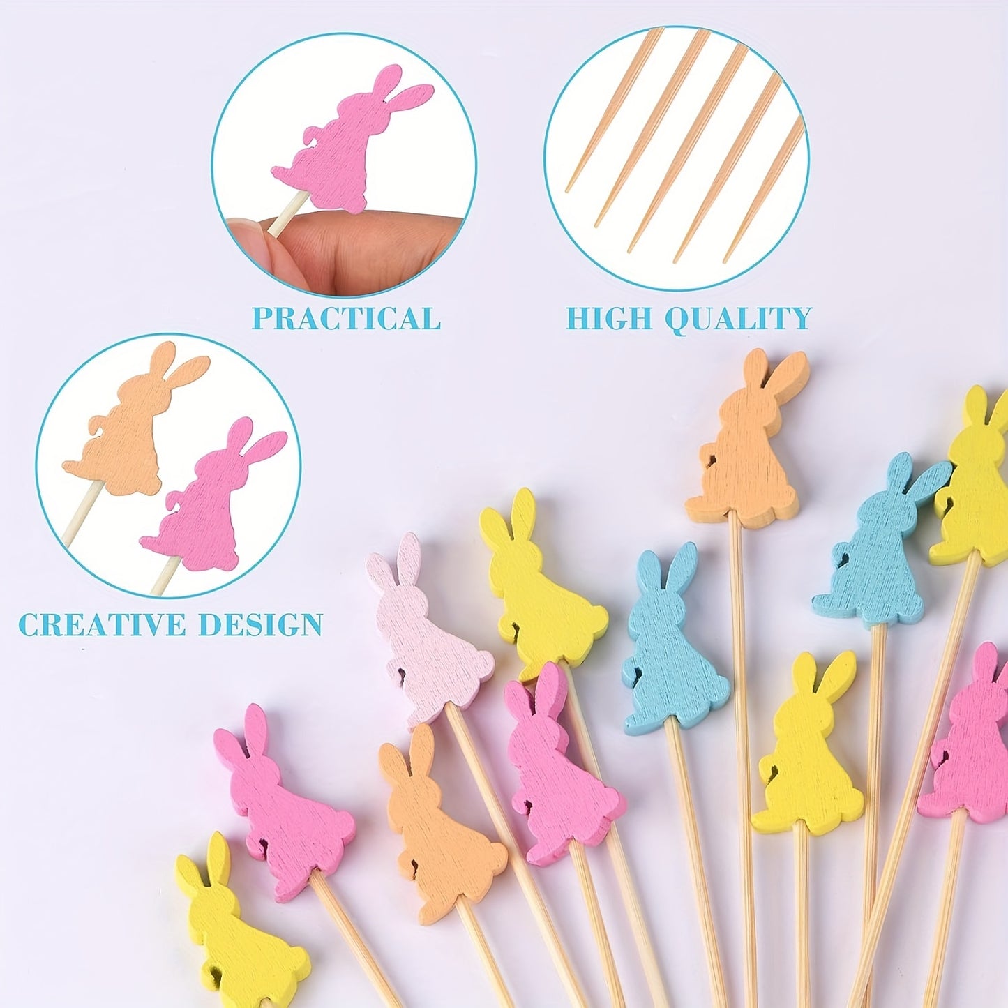 100pcs/pack Whimsical Easter Egg Rabbit Carrot Bamboo Sticks - Disposable Decoration Cocktail Sushi Sticks for Wedding Party Cake Dessert - Cute Fancy Wooden Theme Party Supplies