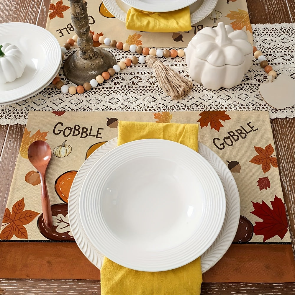 Set of 4 Thanksgiving Placemats - 12x18 Inch Linen Table Mats with Gobble Turkey Design, Machine Washable, Woven Burlap for Autumn Home Decor, Farmhouse Style, Seasonal Fall Harvest Table Decorations