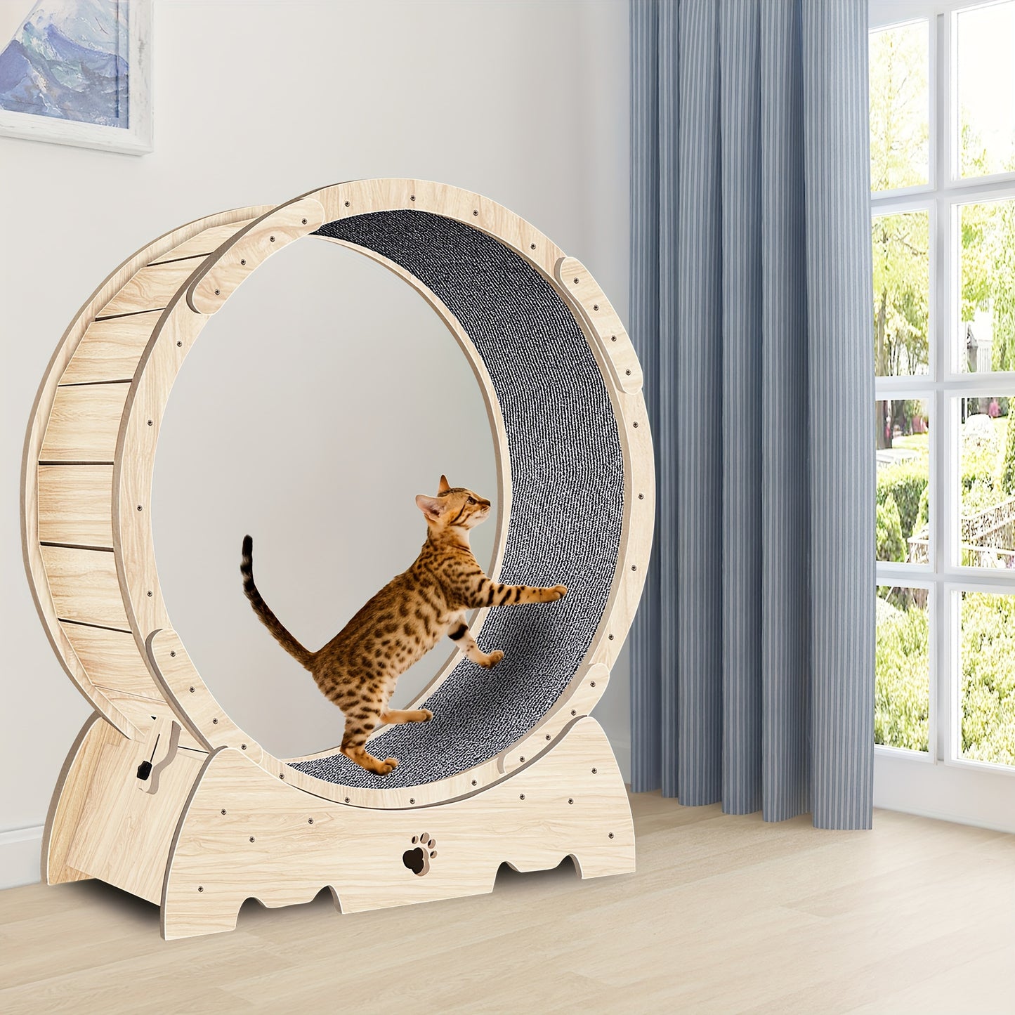 37" Natural Wood Color Cat Exercise Wheel, Carpeted Runway Cat Running Wheel, Fitness Device for Indoor Cats, Longer Life Sport Treadmill