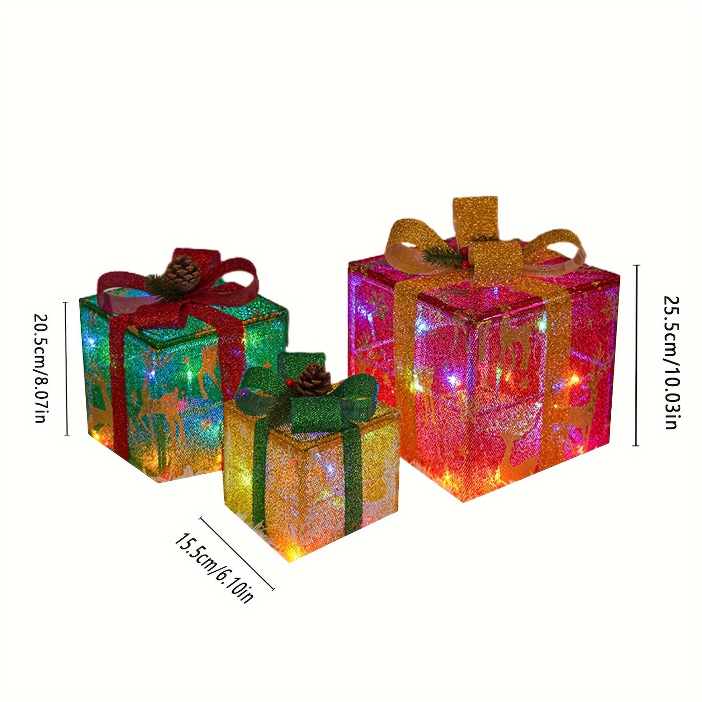 [Fast Arrival] 3 Pcs LED Lighted Gift Boxes - Christmas Decorations and Lights - Indoor Outdoor Holiday Party Decor with Elk Design, Perfect for Christmas Tree and Home Decor