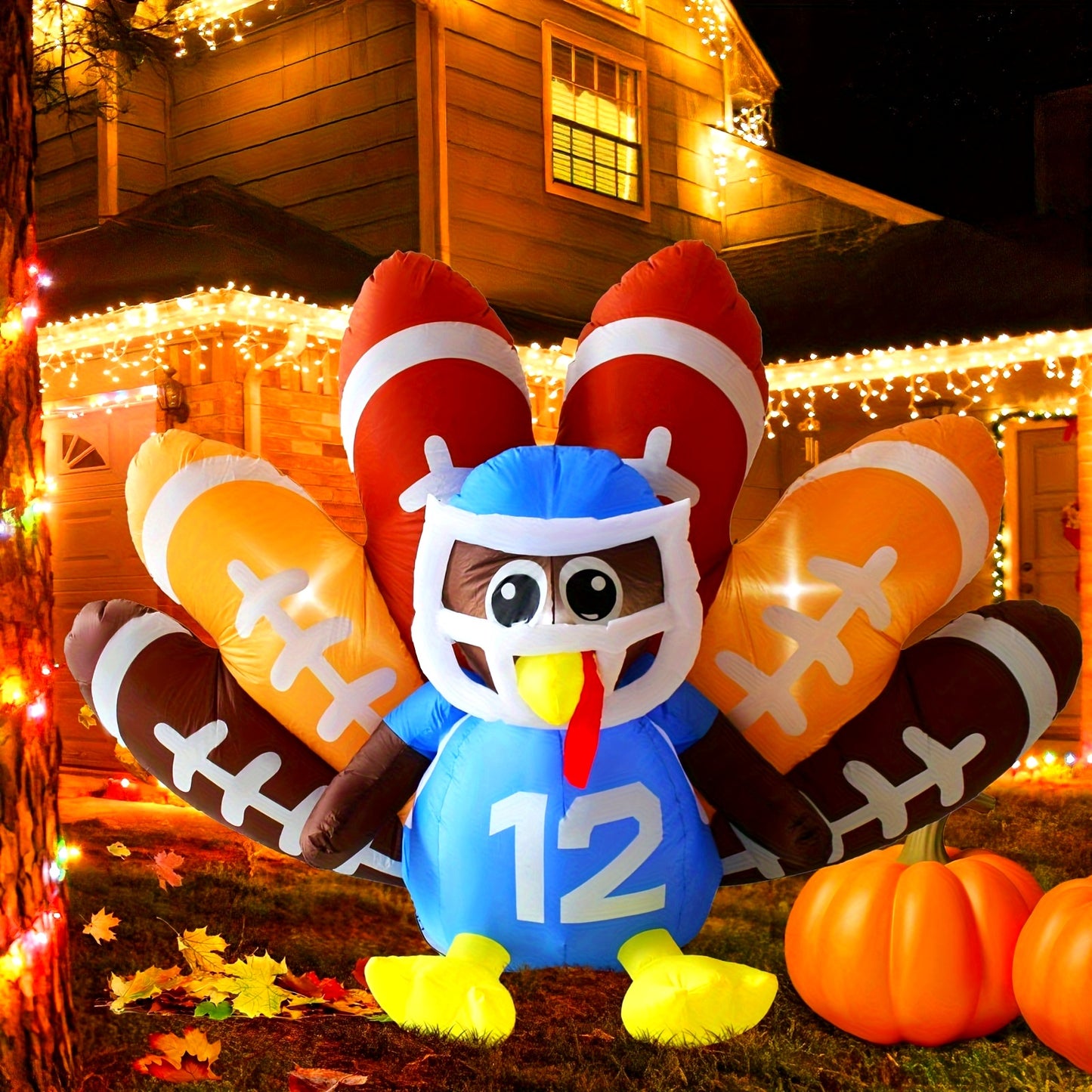 8FT Long Gardwin Thanksgiving Inflatable Turkey No.12 with Built-in LED Lights for Outdoor Garden Lawn Decor