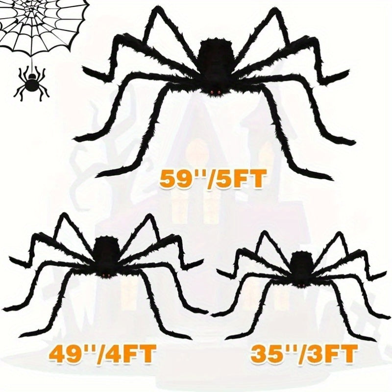 2Pcs Giant Plush Halloween Spider Decorations - 59/49/35 inches, Realistic Design, Ideal for Indoor Haunts and Outdoor Yard Scare