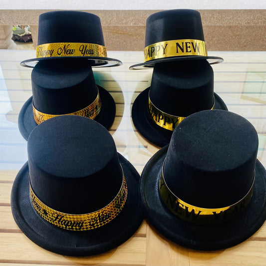 6-Pack Happy New Year Top Hats - One-Time Use Plastic Party Accessories with Removable Golden Band, Versatile for Year-Round Celebrations, Festive Headwear for New Year's Eve and General Occasions