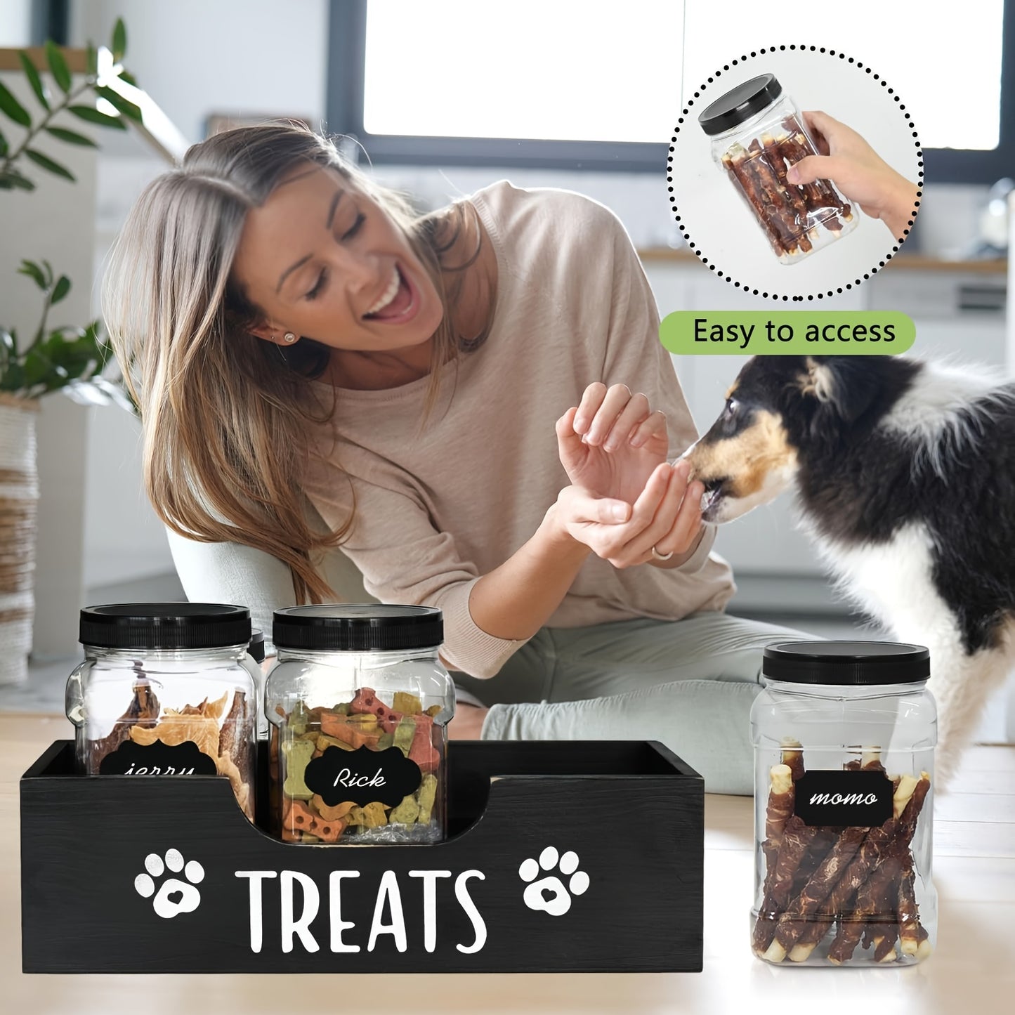 Wooden Dog Treat Container - 3 Plastic Jars, Farmhouse Pet Food Storage for Dog, Cat, Small Animal