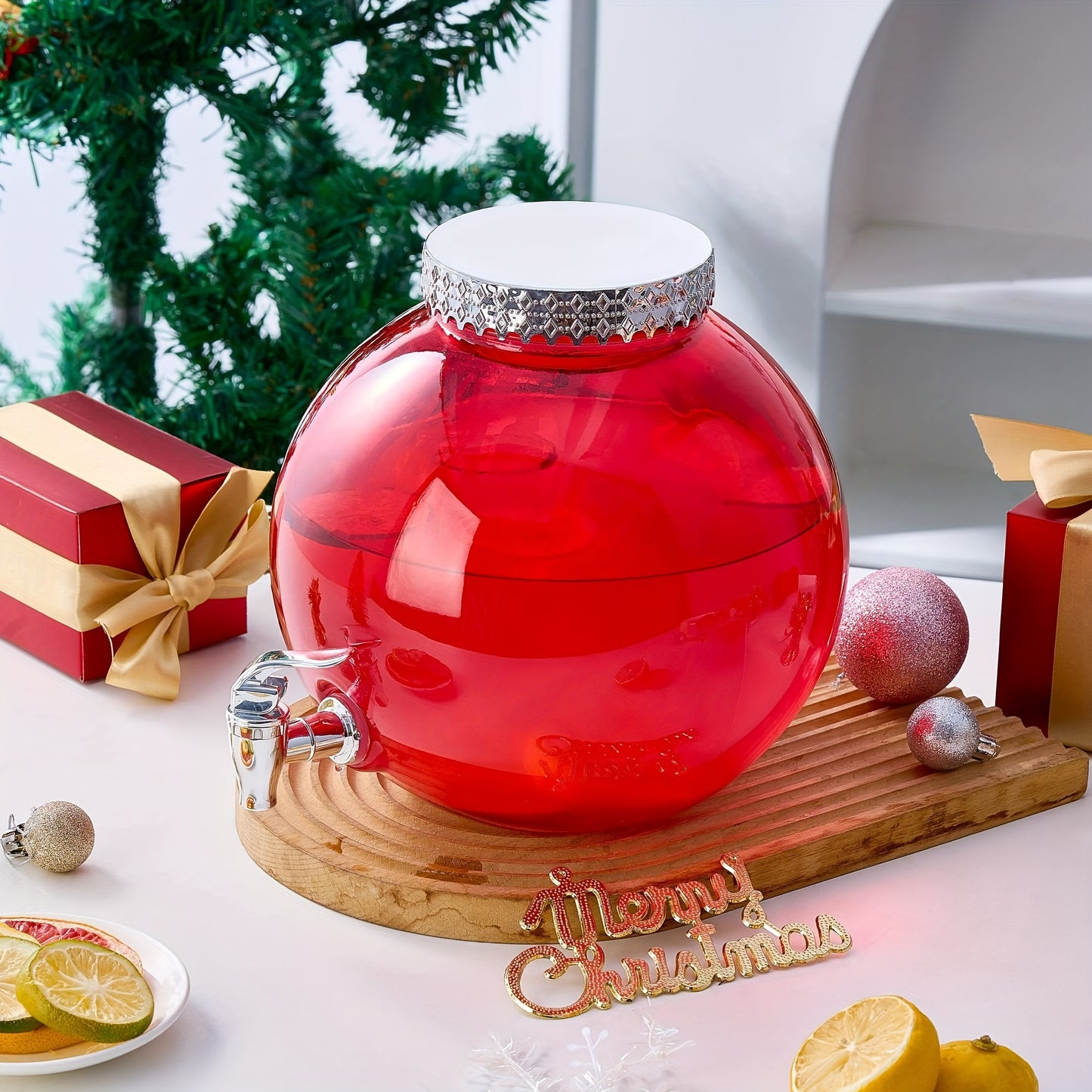 Cheerful Christmas Dispenser: Red Ornament-Shaped Glass Beverage Server For Festive Drinks