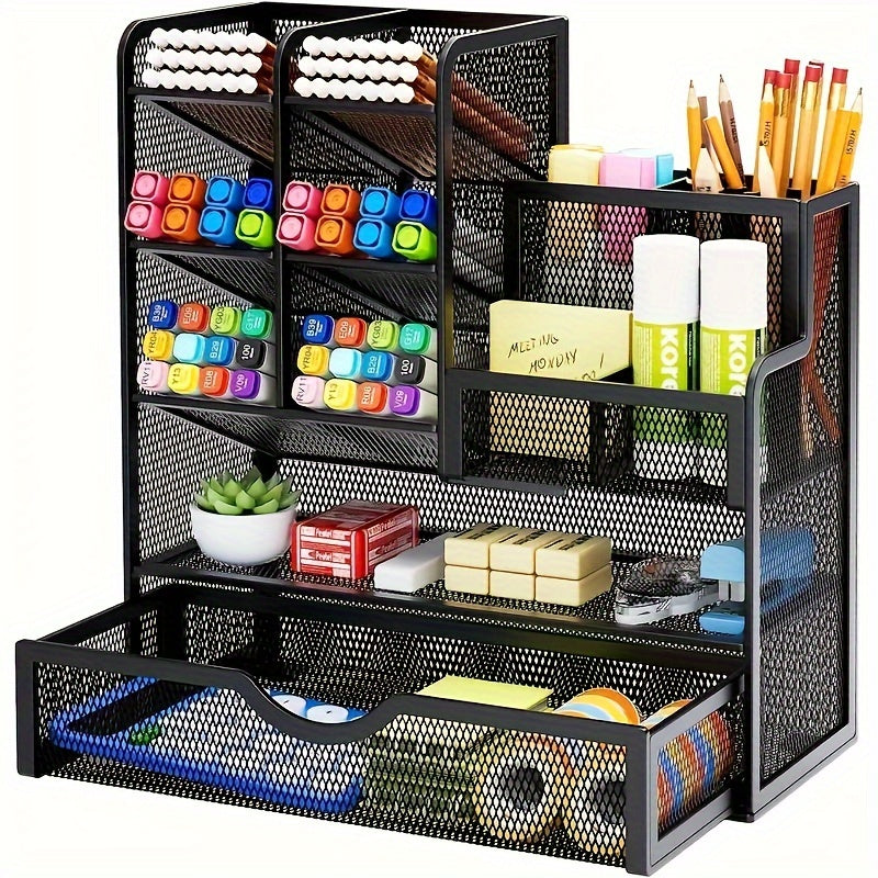 Multi-Purpose Mesh Desk Organizer with Drawer - Durable Iron Pencil Holder for Office and School Supplies Storage