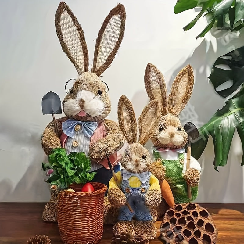 Handcrafted Fabric and Faux Leather Bunny Dolls, 13.78inch Rustic Countryside Rabbit Figures, Set of Collectible Comic Themed Bunnies for Home Decor, Charming Garden Party Ornaments, Ideal for Easter, St. Patrick's Day, Day o