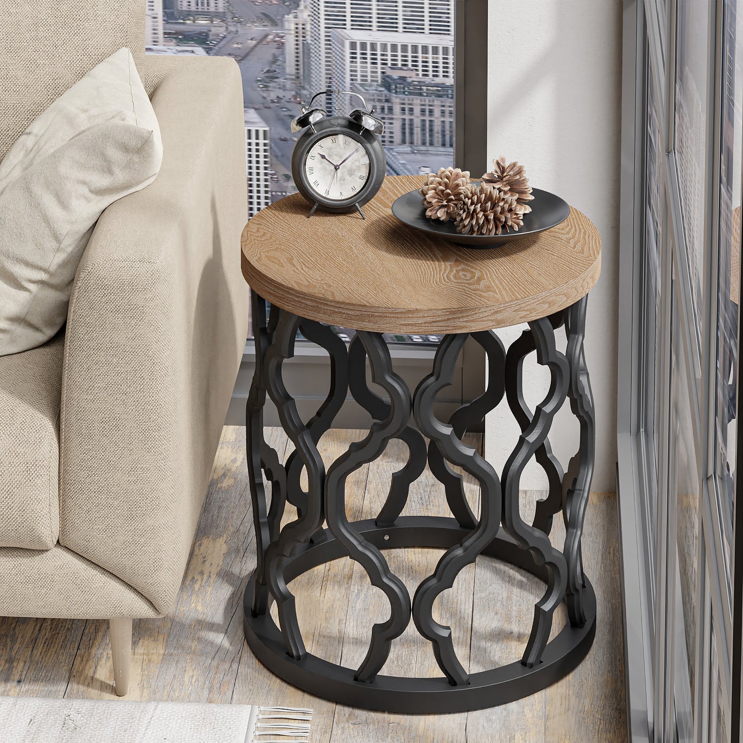 Farmhouse End Table, Distressed Wood Top Side Table with Curved Motif Frame Base