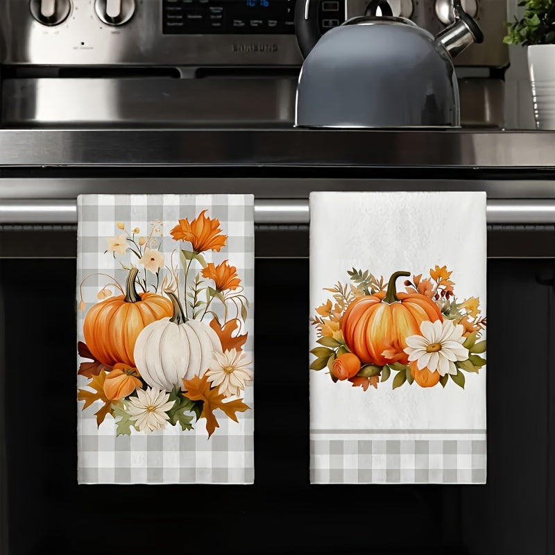 2pcs Autumn Maple Leaf & Pumpkin Kitchen Towels - Soft, Absorbent Microfiber Dish Cloths for Easy Cleaning & Festive Decor