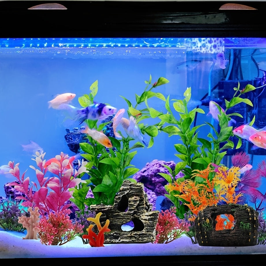 15pcs Resin Fish Tank Decorations Plants with Broken Barrel, Cave Rock View, and Plastic Plants