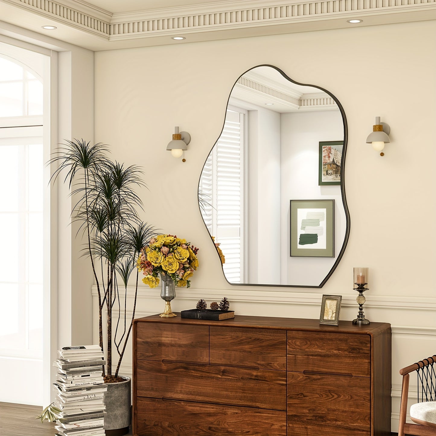 Irregular Wall Mirror 24"x32" Black Asymmetrical Bathroom Mirror Wood Framed Modern Decorative Vanity Mirrors for Bedroom Living Room Entryway