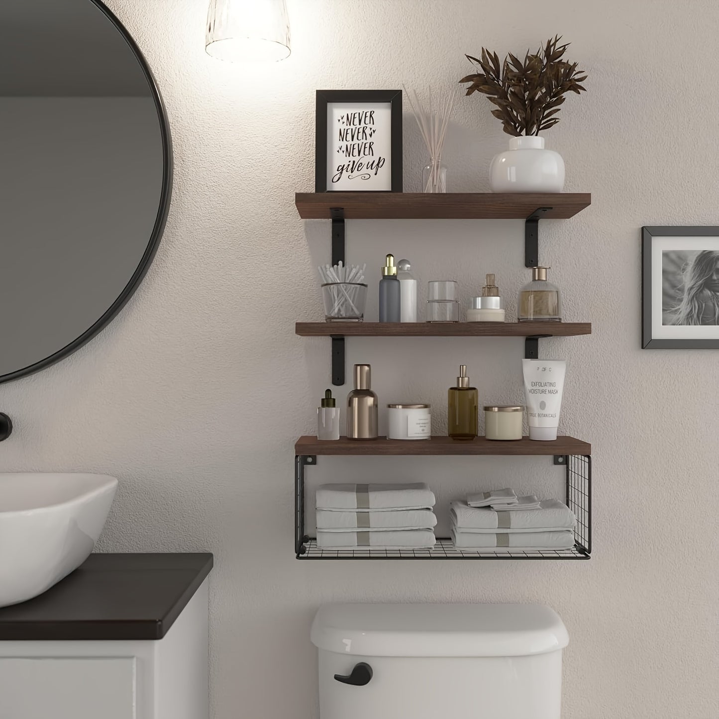 Floating Shelves For Bathroom Shelves, Wall Storage Baskets, Bathroom, Bedroom, Living Room, Toilet Paper - Dark Brown, Black, Wood Color