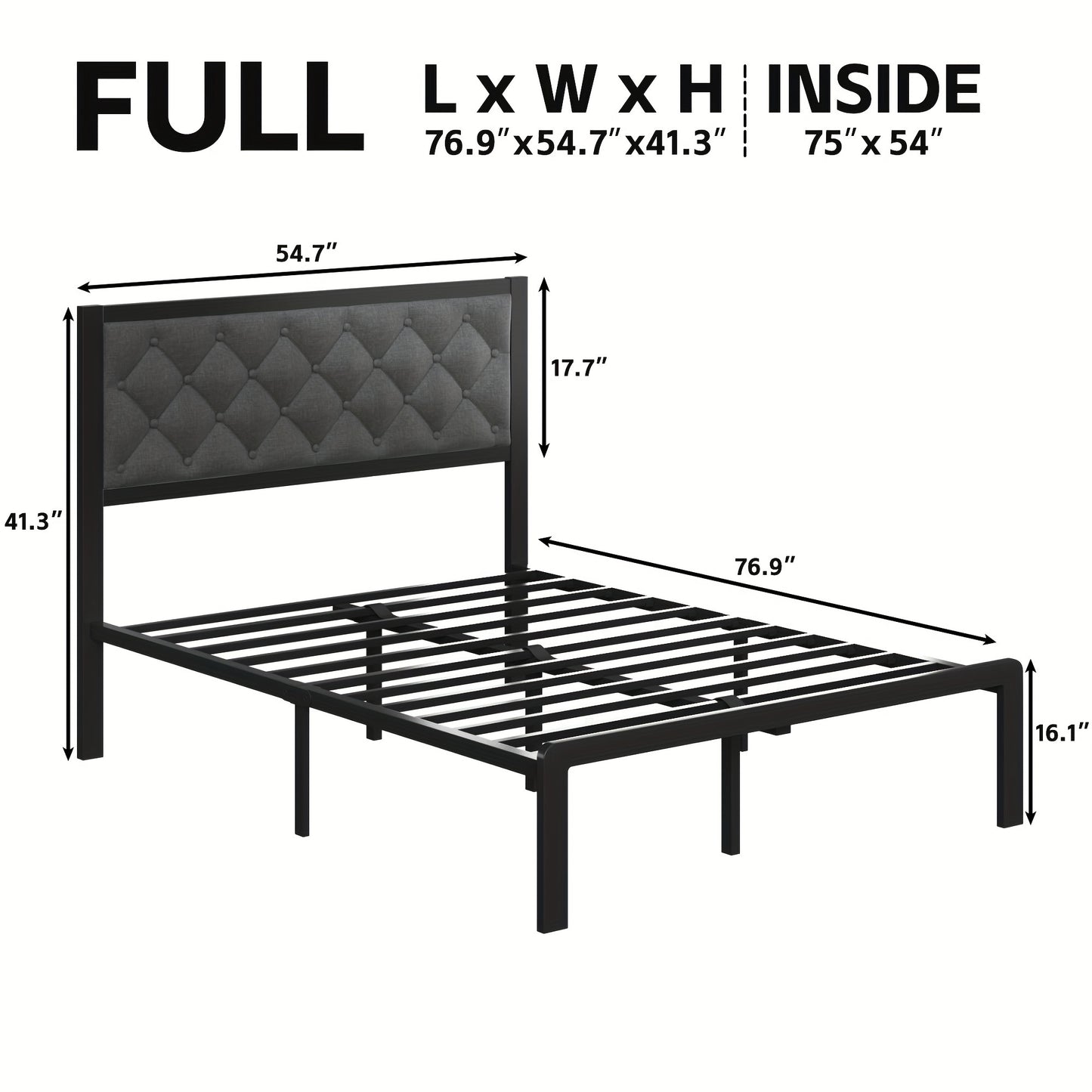 Bed Frame With Headboard, Fabric Upholstered Bed Frame Platform, All Metal Slats Support Platform Bed Frame With Storage Space, Easy Assembly, Noise Free, No Box Spring Needed, Twin, Full, Queen