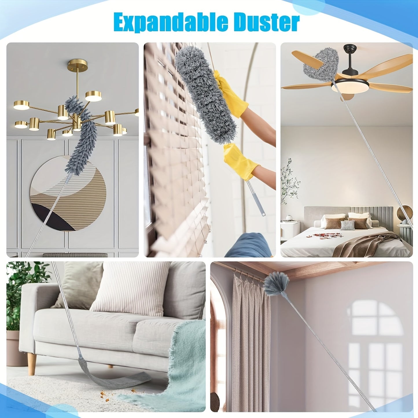 6Pcs Dusters For Cleaning, Cobweb Duster With Extension Pole, Microfiber Extendable Feather Duster With Extension Pole 16.1-84.2'', Washable Reusable Bendable Dusters For Cleaning High Ceiling, Blinds