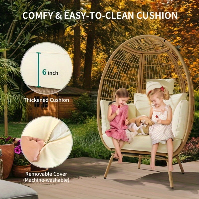 Phabules Wicker Egg Chair Outdoor Indoor Oversized Lounger with Stand and Beige Cushions Egg Basket Chair for Patio Backyard Porch