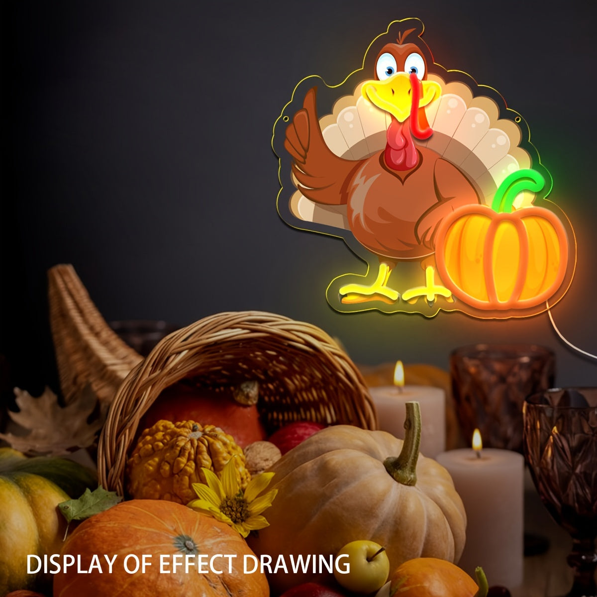 Thanksgiving Turkey Neon Sign, Plastic Wall Hanging Push Button Control, Multipurpose USB Powered Decorative Light with One Fixed Color, Non-Wireless with No Battery Required