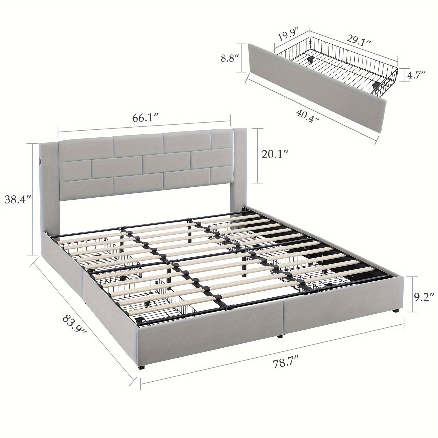 Luxury Upholstered Platform Bed with Headboard, 4 Drawers, Charging Station, Full/Queen/King Size