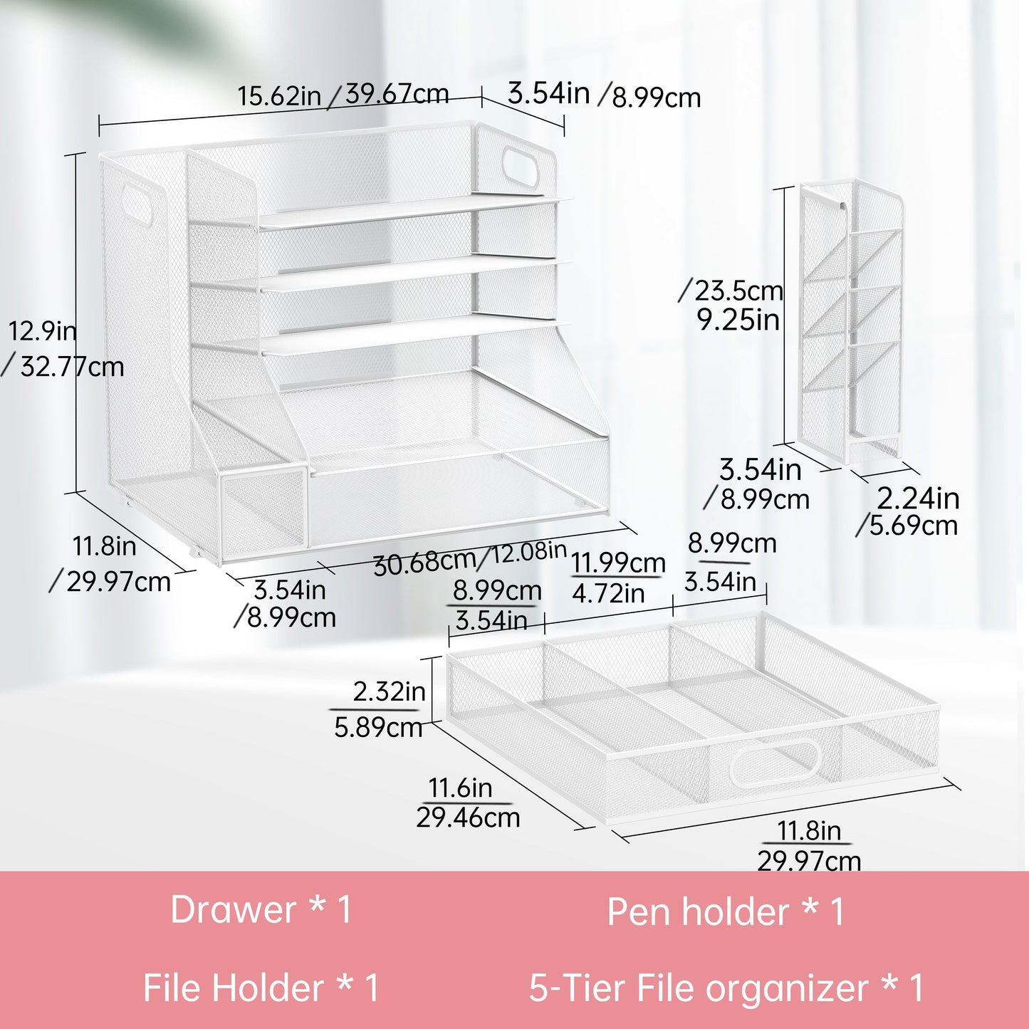 5-Tier Deluxe Desk Organizer System - Spacious File Holder, Mesh Paper Tray, Pen Holder, Drawer, and 3 Tilted File Sorter for Efficient Office Supply Storage and Organization - Sturdy, Adjustable, and Ergonomic Design for Max