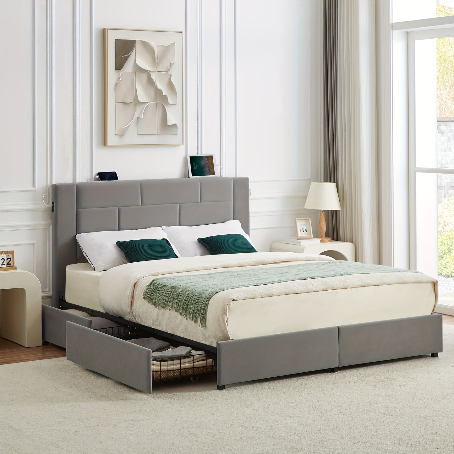 Luxury Upholstered Platform Bed with Headboard, 4 Drawers, Charging Station, Full/Queen/King Size