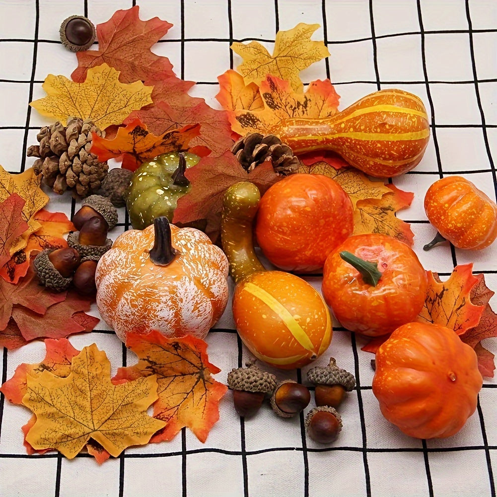 48 PCS Fall Thanksgiving Artificial Pumpkins and Gourds Set - Fake Pumpkins, Acorns, Maple Leaves, Pinecones, Berries - Thanksgiving Decorations, Harvest Centerpiece for Home, Halloween Wedding Decor