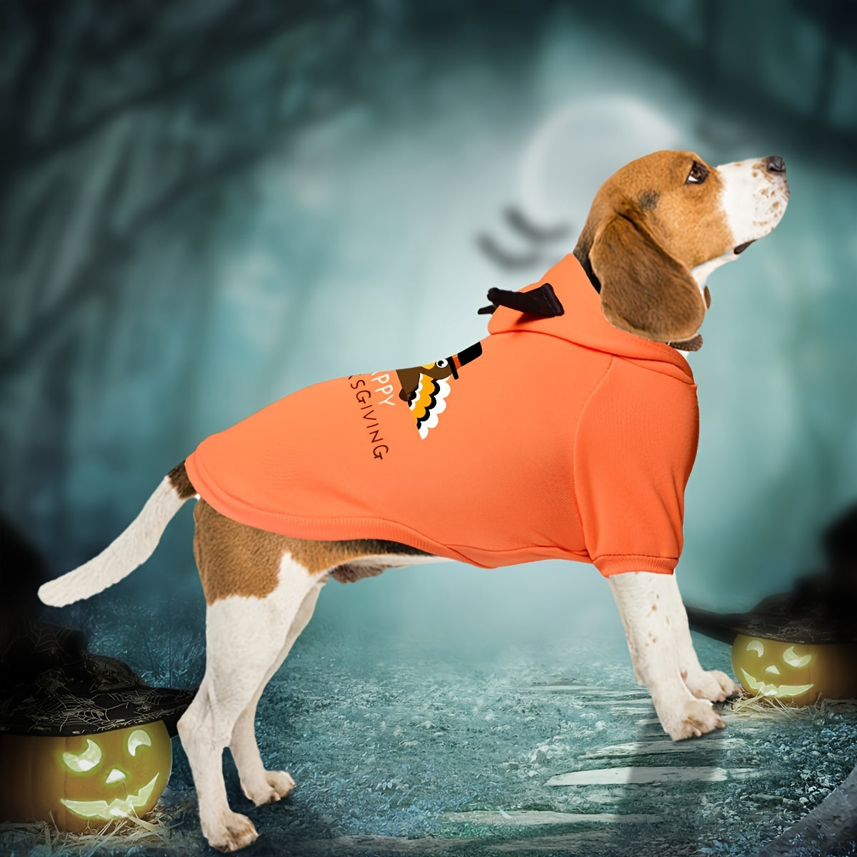 Thanksgiving Cartoon Print Pet Hoodie, Orange Pullover Sweatshirt for Dogs, Festive Holiday Pet Clothing, Machine Washable, Polyester, Sizes S/M/L/XL/XXL, for Medium/Small/Extra Small Breeds