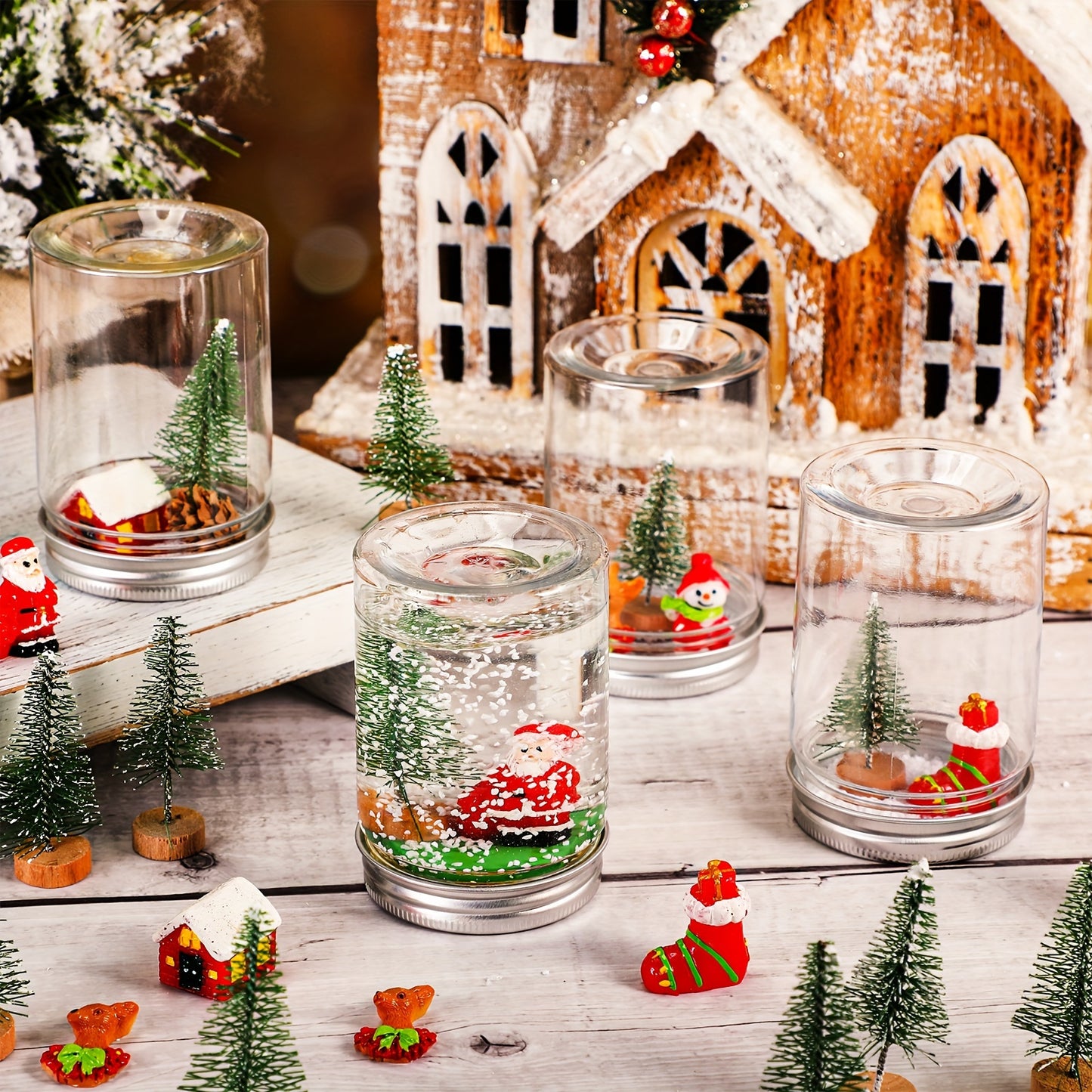 48 Sets Christmas Plastic Snow Globes Kit Includes 48 Clear Snow Globe, 96 Mini Xmas Trees, 48 Miniature Snowman, 96 Mini Pine Cones With Artificial Snow For DIY Crafts Home Winter Decor