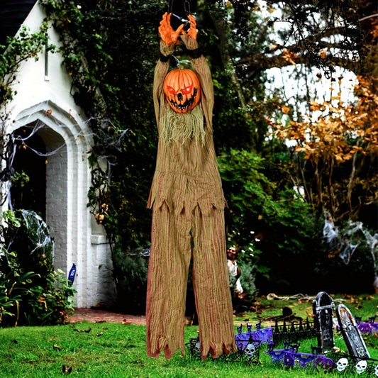 Spooky Halloween Hanging Decor - Glowing Eyes, Screaming Pumpkin Skeleton with Witch Hat & Moving Body - Battery-Powered Outdoor Yard Ornament for Haunted House Atmosphere