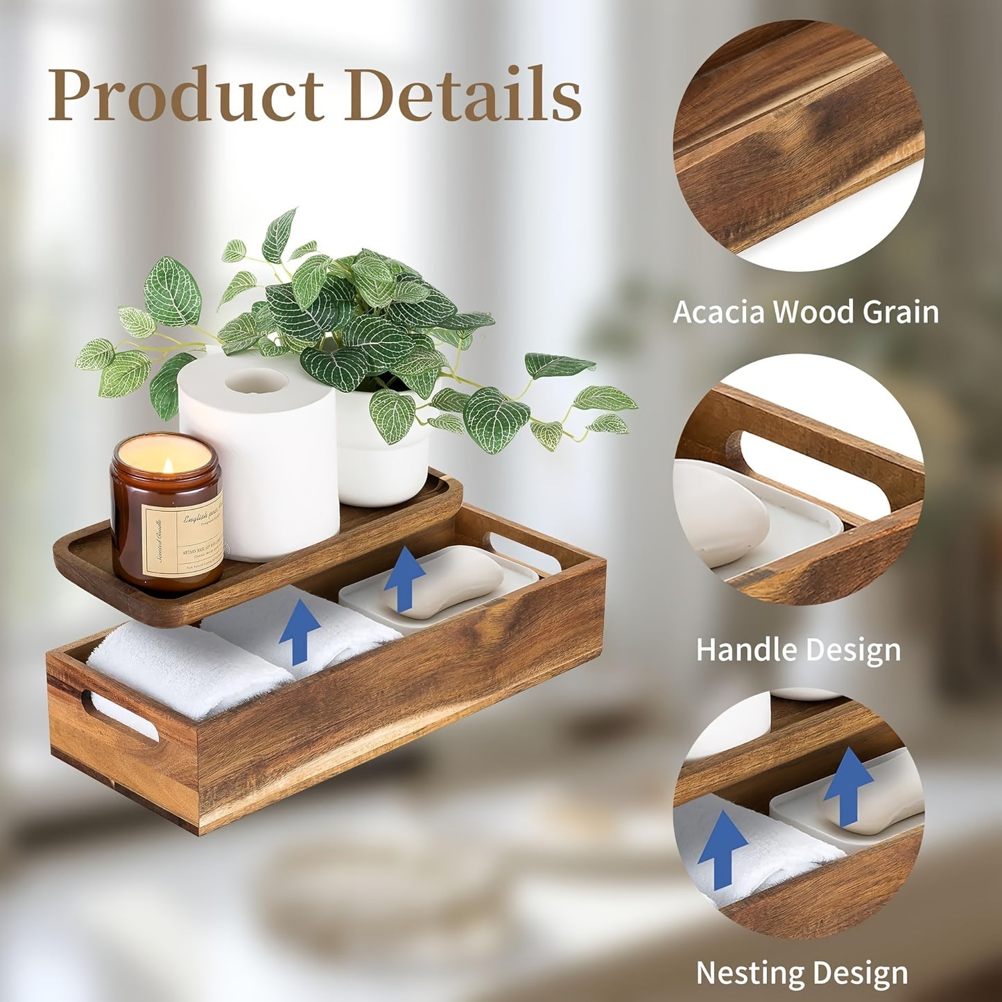 1set Rustic Acacia Wood Bathroom Organizer - Hanobe Set Of 2, Wooden Toilet Paper Basket & Vanity Tray, Festive Back Of Toilet Storage Holder Box For Toiletry With Natural Grain Finish